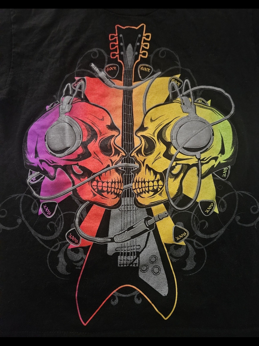 Kids Black Short Sleeve Tee with Neon Skull & Guitar Graphic Size L 10-12